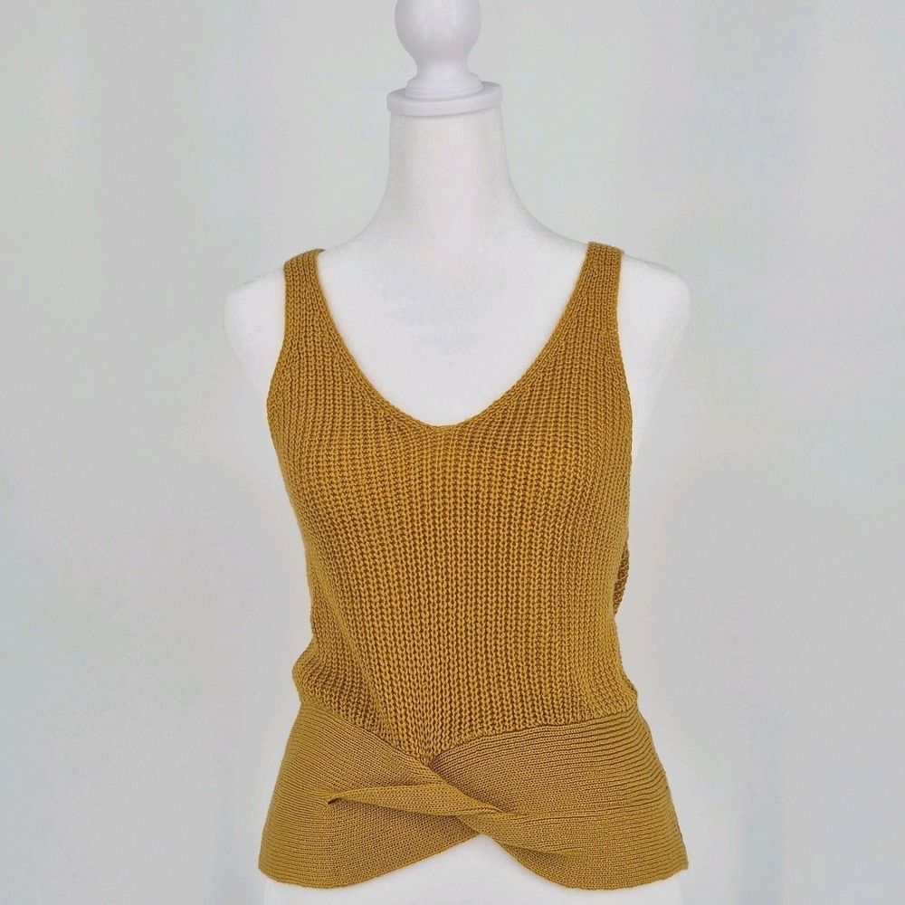 Women's Boho Festival Style Knit Sweater Tank Mustard Yellow Twist Top Retro M
